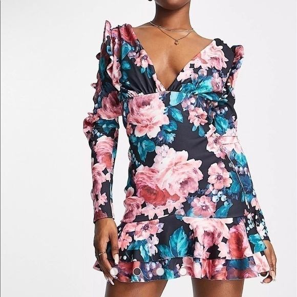 NEW ASOS Plunge Frill Sleeve Mini Dress in Pink and Blue Rose‎ Floral Size 12 - Picture 6 of 14